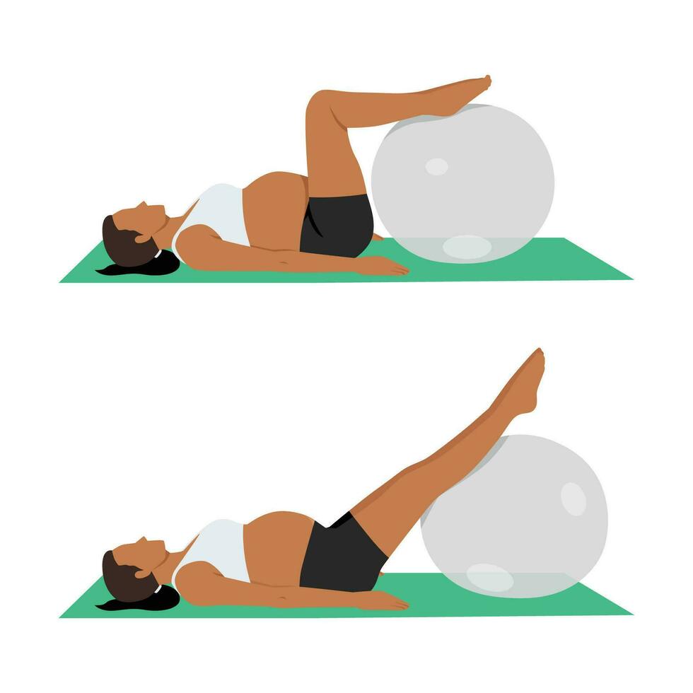 Young pregnant woman in sportswear does exercises for legs with transparent fitball lying on floor vector