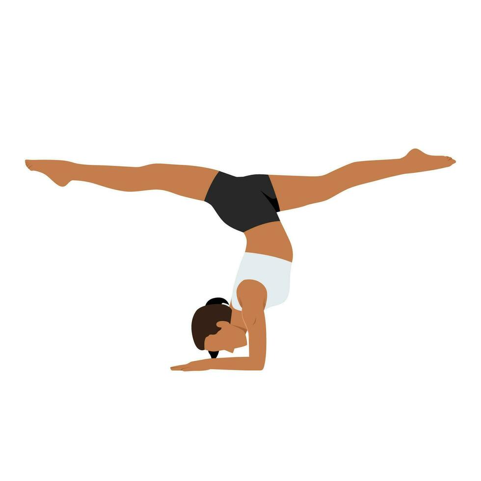Woman doing Handstand with splits, variation of Pincha Mayurasana yoga exercise. vector