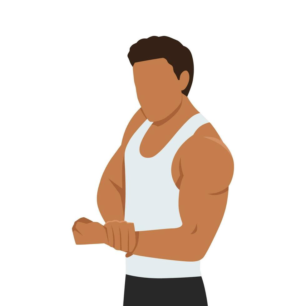 Young natural bodybuilder shows his muscles side view. vector