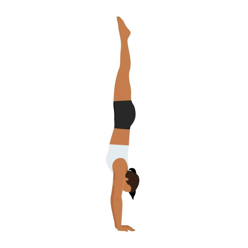 mujer haciendo adho mukha vrksasana o parada de manos actitud yoga ejercicio. vector