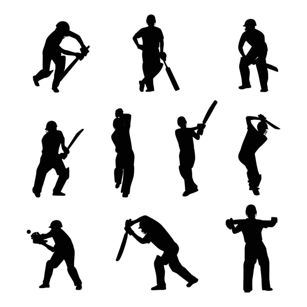 Large collection of silhouettes of cricket player batsman, bowler cricket elements. vector