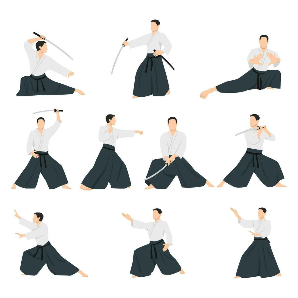 Man athlete aikido set character. Flat vector illustration isolated on white background