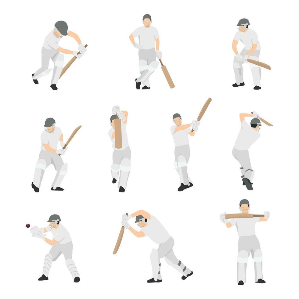 Large collection of silhouettes of cricket player batsman, bowler cricket elements. vector