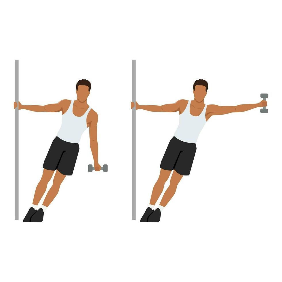 Man doing leaning one arm or single handed dumbbell lateral hammer raise exercise. vector