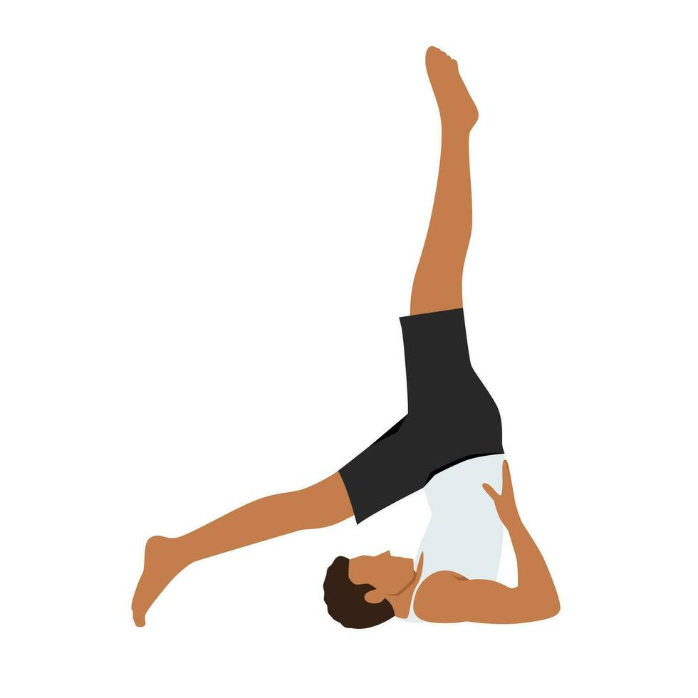 Man doing yoga shoulder stand pose. using hands push back and lift the legs up vector