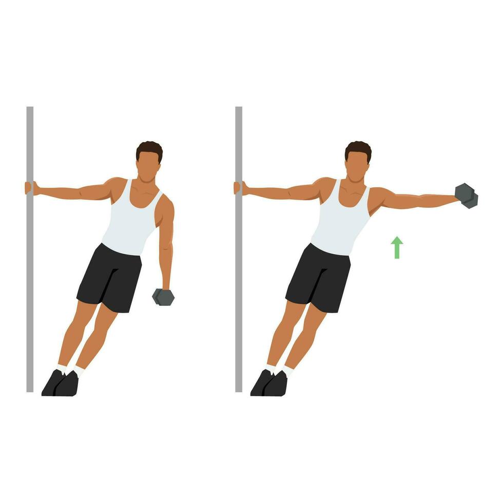 Man doing leaning one arm or single handed dumbbell lateral raise exercise. vector