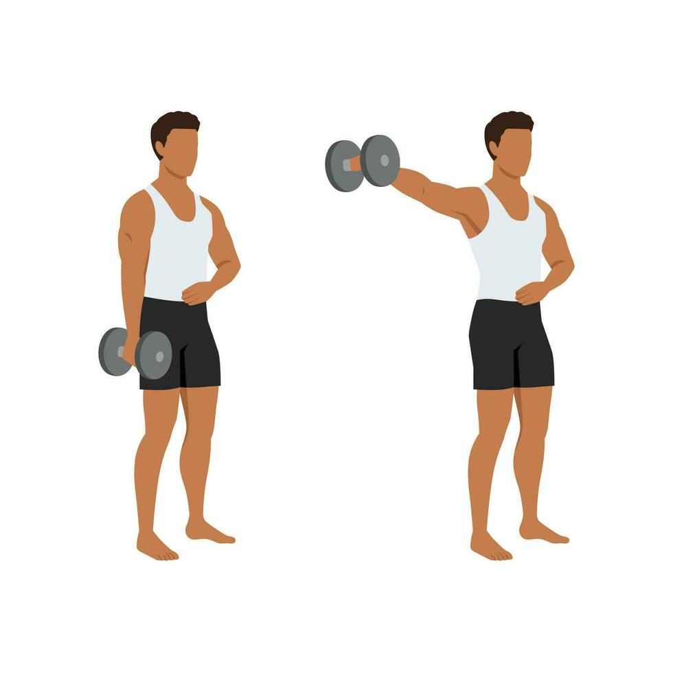 Man doing one arm side lateral raises. Shoulder workout and training. vector