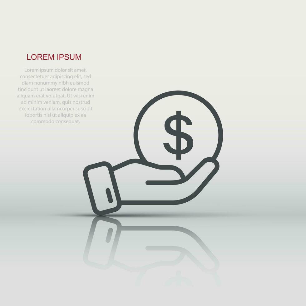 Remuneration icon in flat style. Money in hand vector illustration on white isolated background. Coin  payroll business concept.