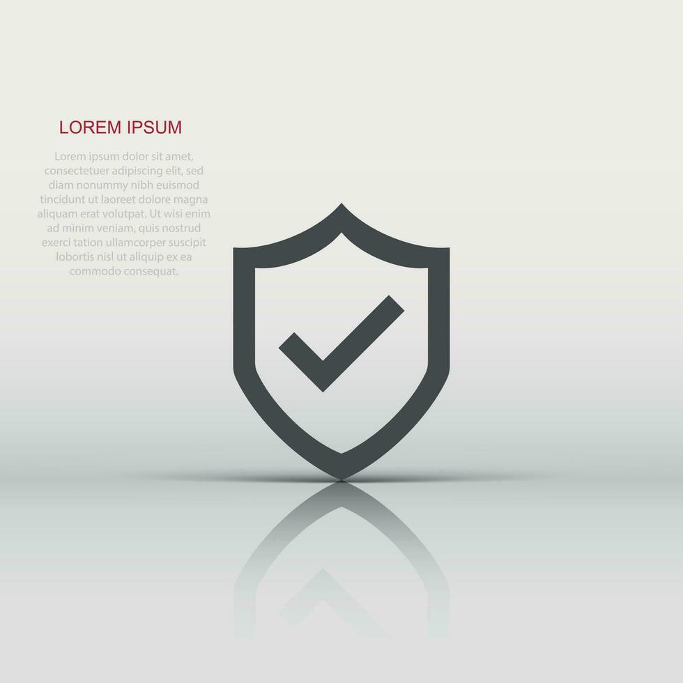 Shield with check mark icon in flat style. Protect vector illustration on white isolated background. Checkmark guard business concept.