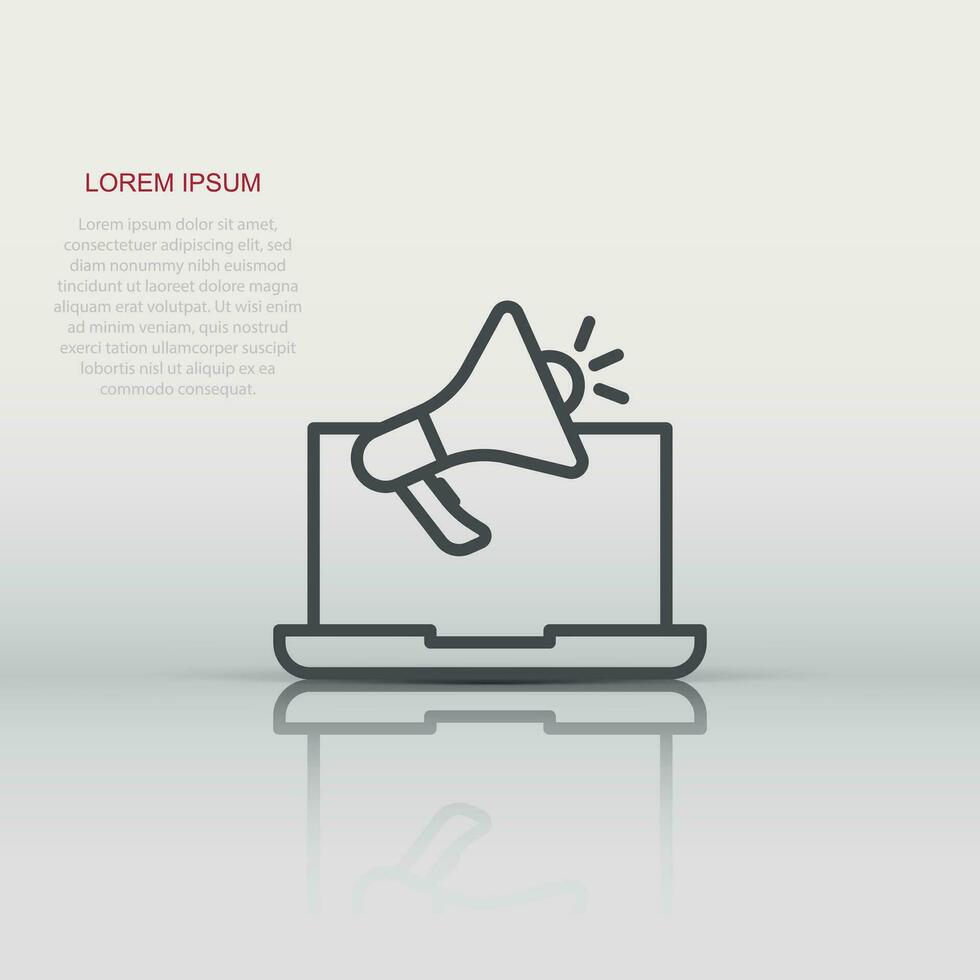 Laptop with megaphone speaker icon in flat style. Notebook bullhorn vector illustration on white isolated background. Computer subscribe business concept.