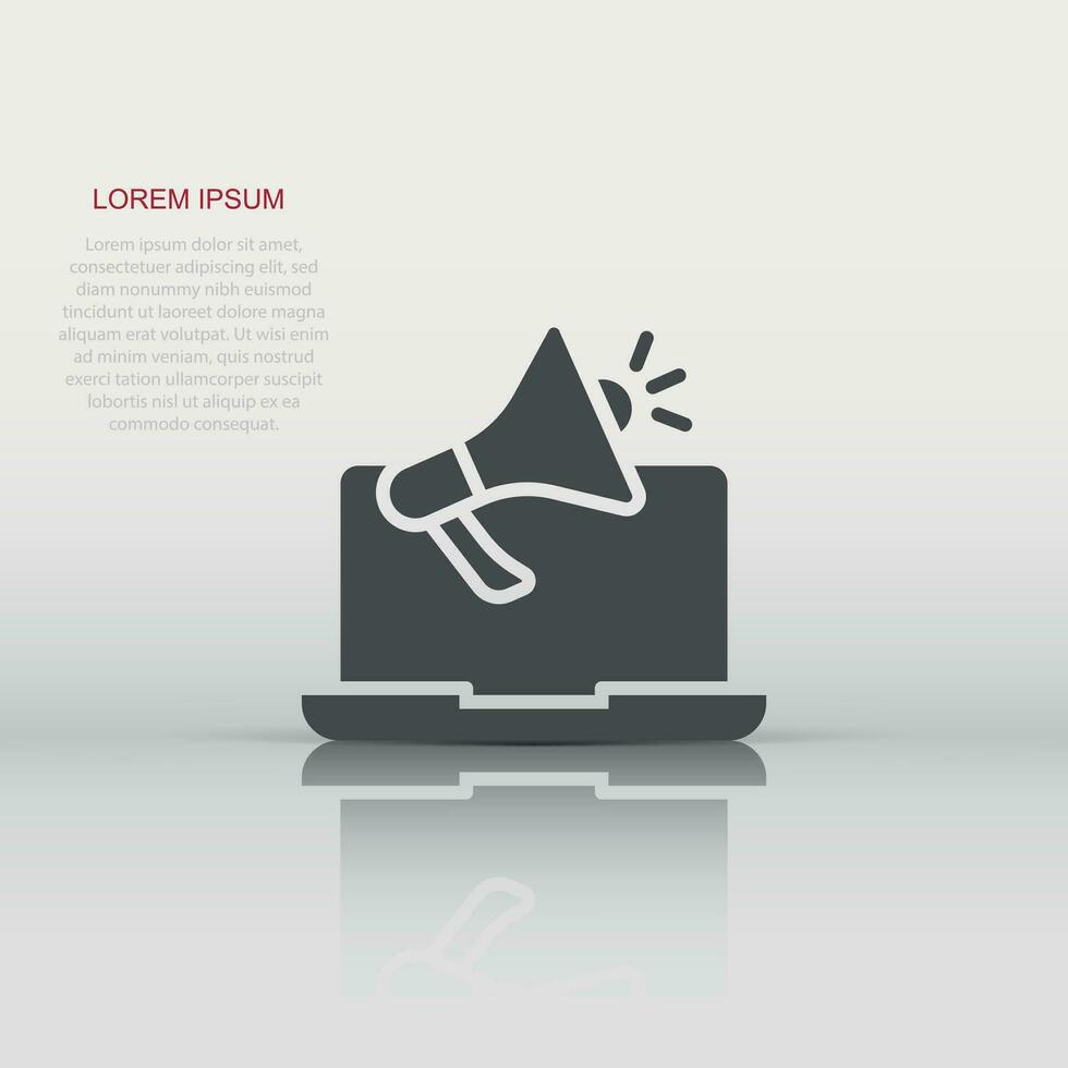 Laptop with megaphone speaker icon in flat style. Notebook bullhorn vector illustration on white isolated background. Computer subscribe business concept.