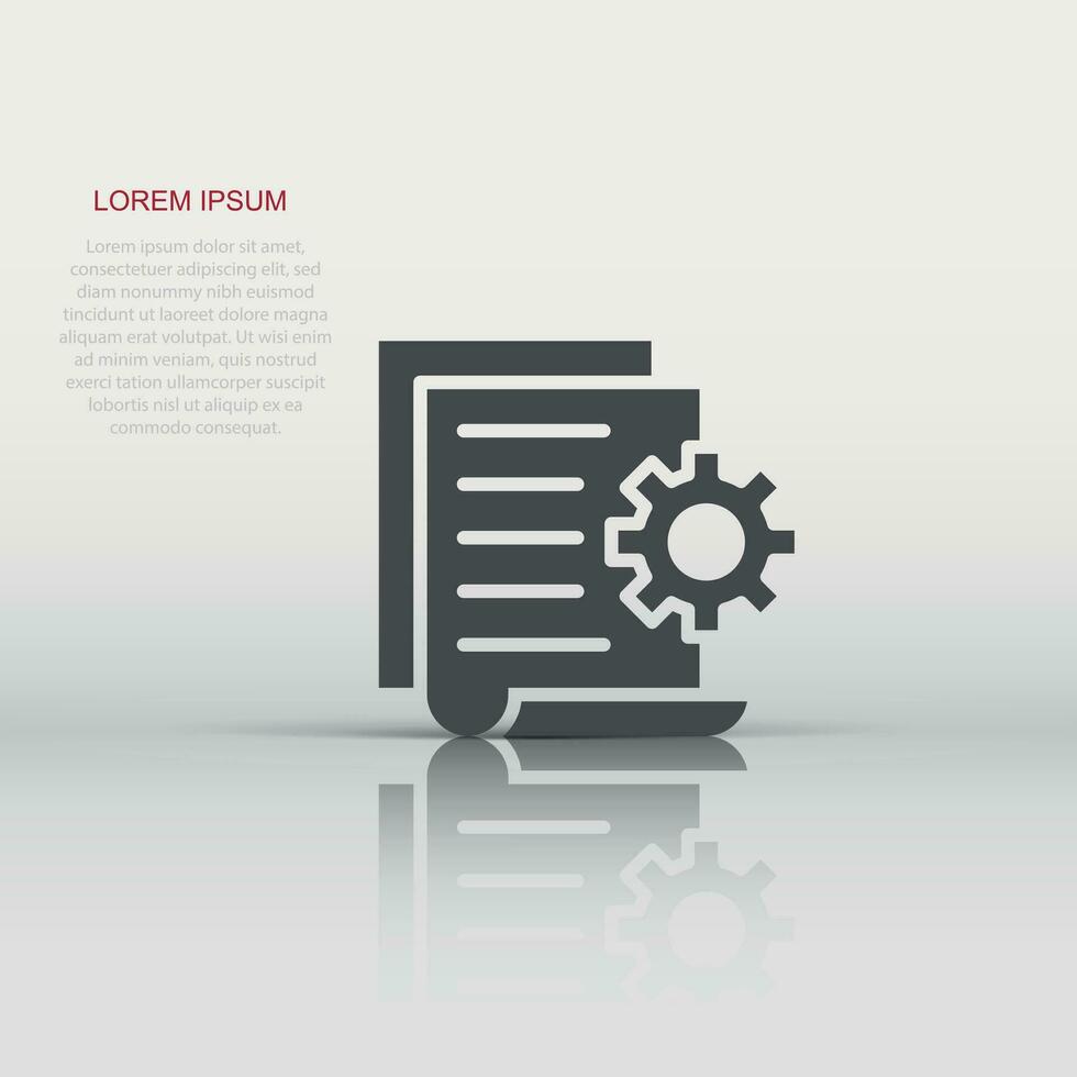 Document with gear icon in flat style. Big data processing vector illustration on white isolated background. Paper sheet software solution business concept.