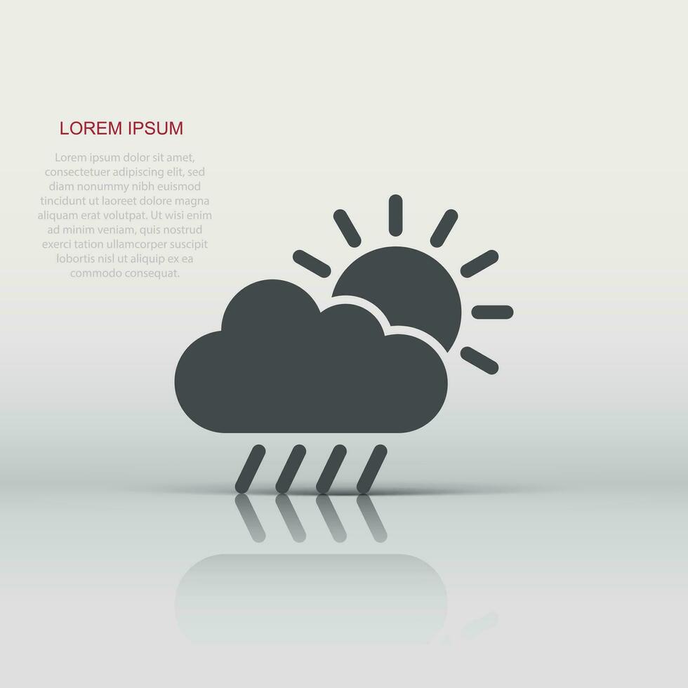 Weather icon in flat style. Sun, cloud and rain vector illustration on white isolated background. Meteorology sign business concept.