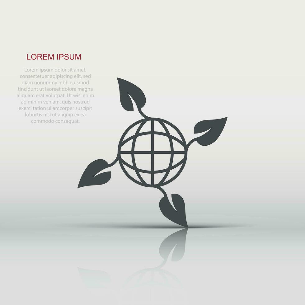 Planet and leaf icon in flat style. World and eco vector illustration on white isolated background. Globe and organic business concept.
