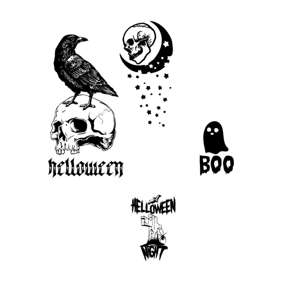 skull ghost and graveyard halloween element vector