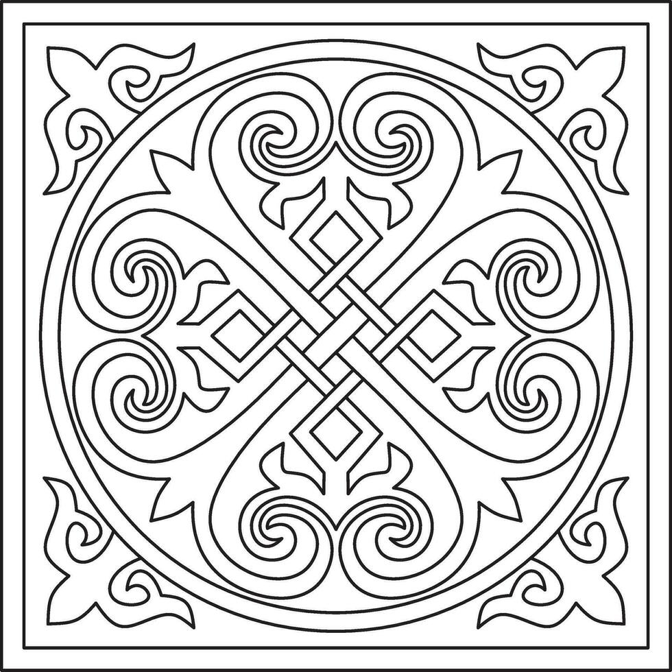 Vector monochrome linear square Byzantine ornament, knot, rosette. Circle Greek pattern, Drawing of the Eastern Roman Empire. Decoration of the Russian Orthodox Church.