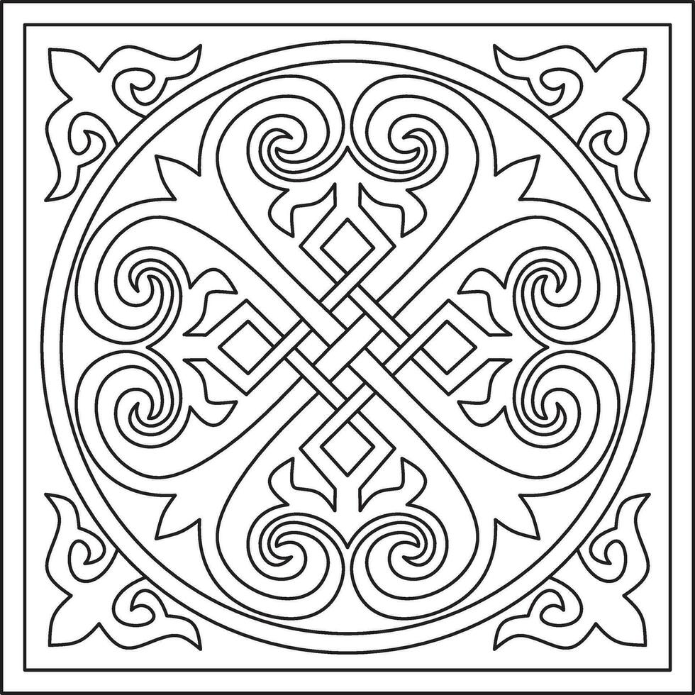 Vector monochrome linear square Byzantine ornament, knot, rosette. Circle Greek pattern, Drawing of the Eastern Roman Empire. Decoration of the Russian Orthodox Church.