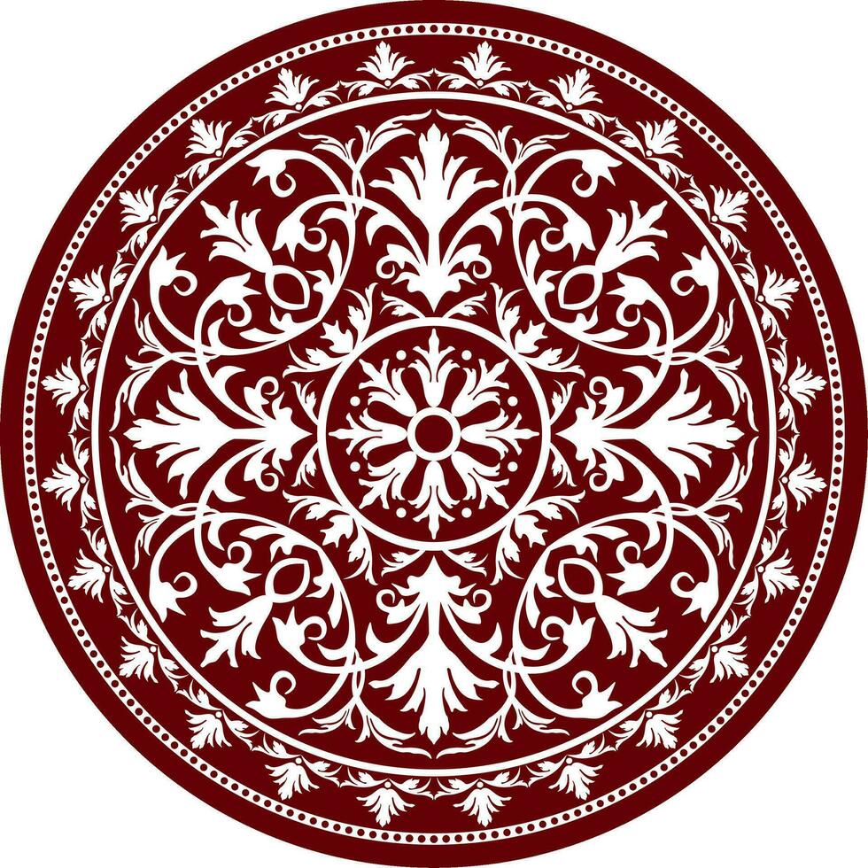 Vector classic colored round ornament. Red pattern in a circle. Drawing of Greece and Ancient Rome. Flower drawing.