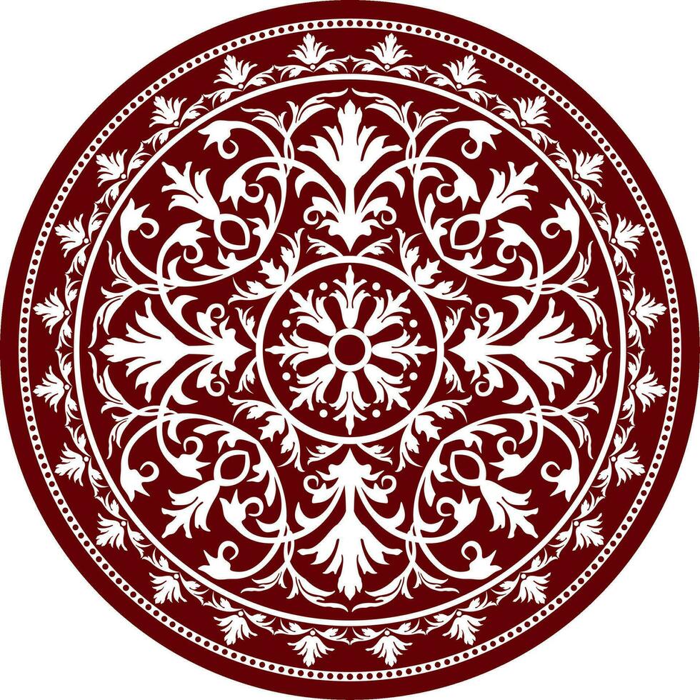 Vector classic colored round ornament. Red pattern in a circle. Drawing of Greece and Ancient Rome. Flower drawing.