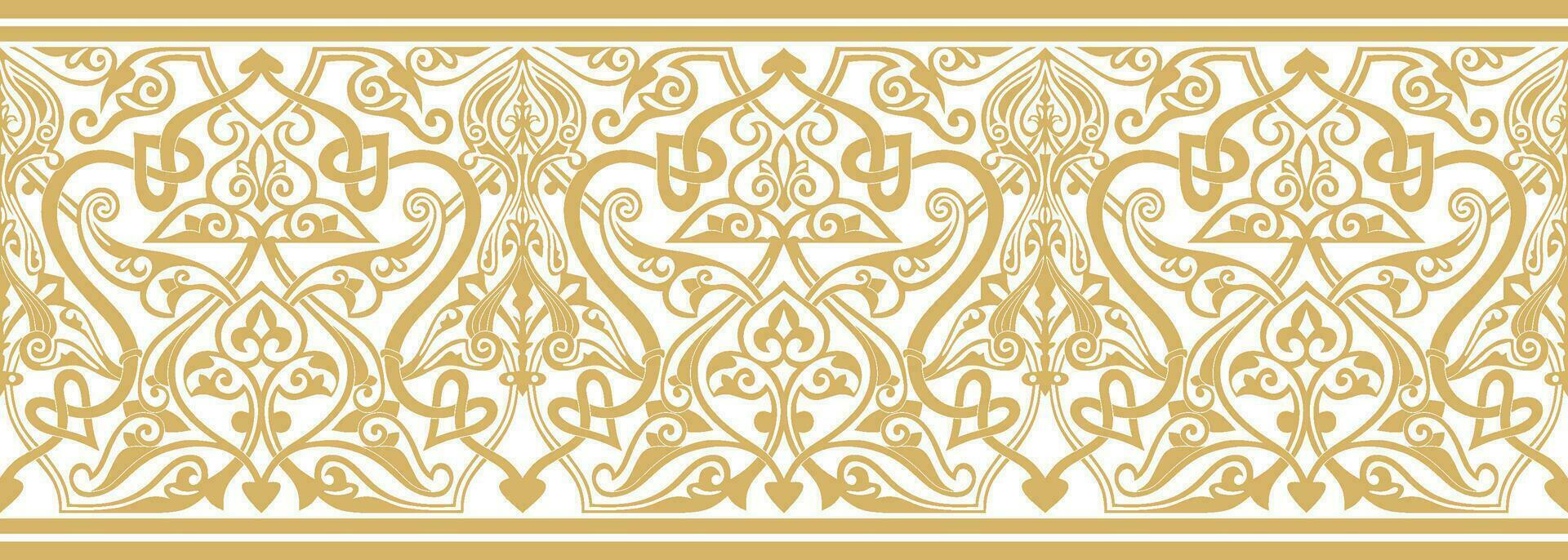 Vector golden seamless oriental national ornament. Endless ethnic floral border, arab peoples frame. Persian painting.