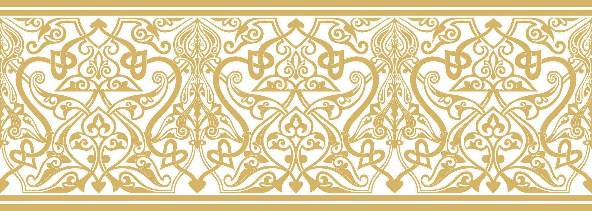 Vector golden seamless oriental national ornament. Endless ethnic floral border, arab peoples frame. Persian painting.