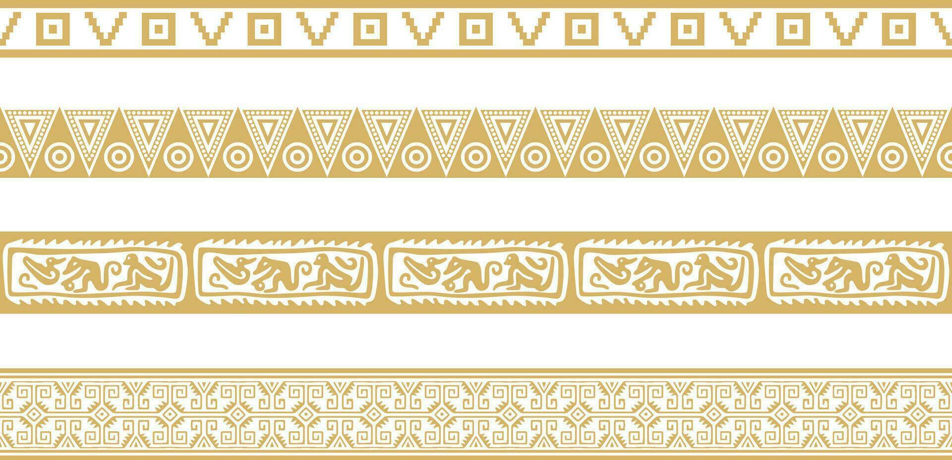 Vector set of seamless golden border ornament. Native American tribes framework. Endless patterns ethnic aztec, maya.