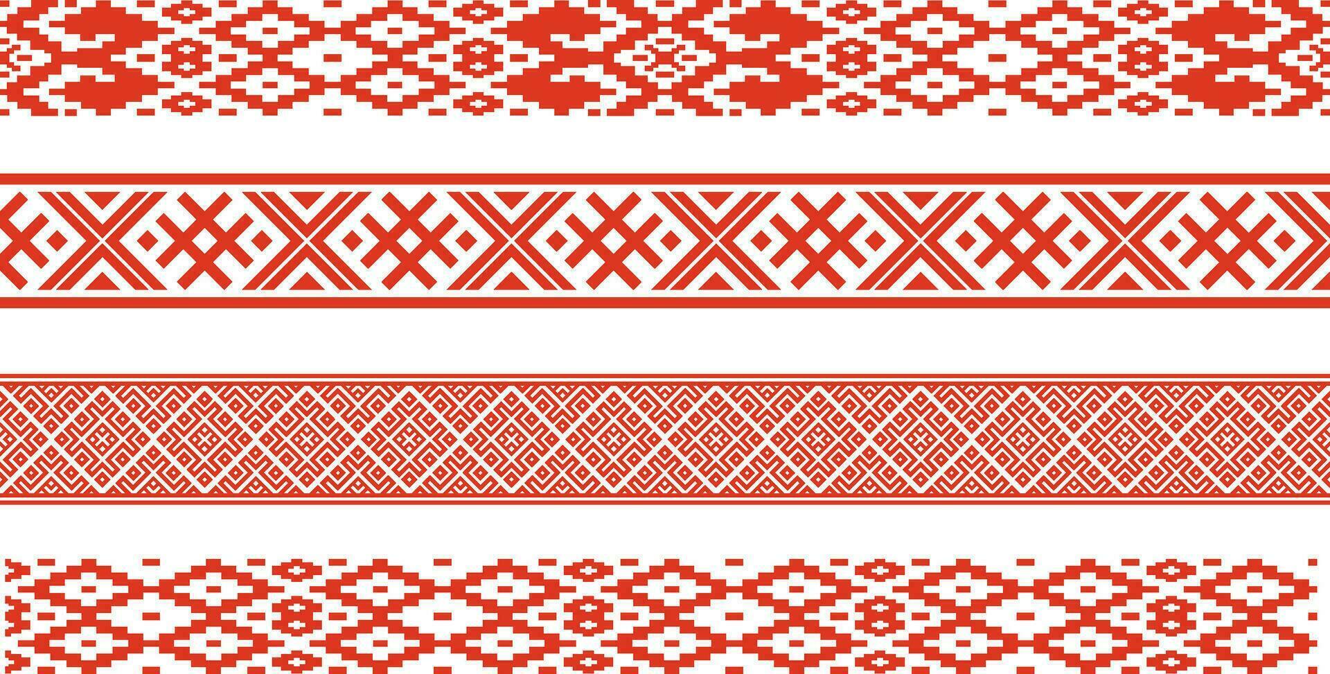 Vector red set of seamless belarusian national ornament. Ethnic pattern of Slavic peoples, Russian, Ukrainian, Serb, Pole, Bulgarian. Cross stitch template.