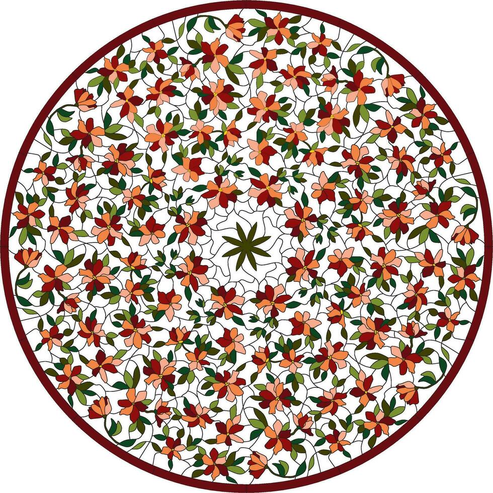 Vector illustration for a stained glass window with a floral motif. Pattern for a stained-glass window from a contour and fragments for a round ceiling or window.