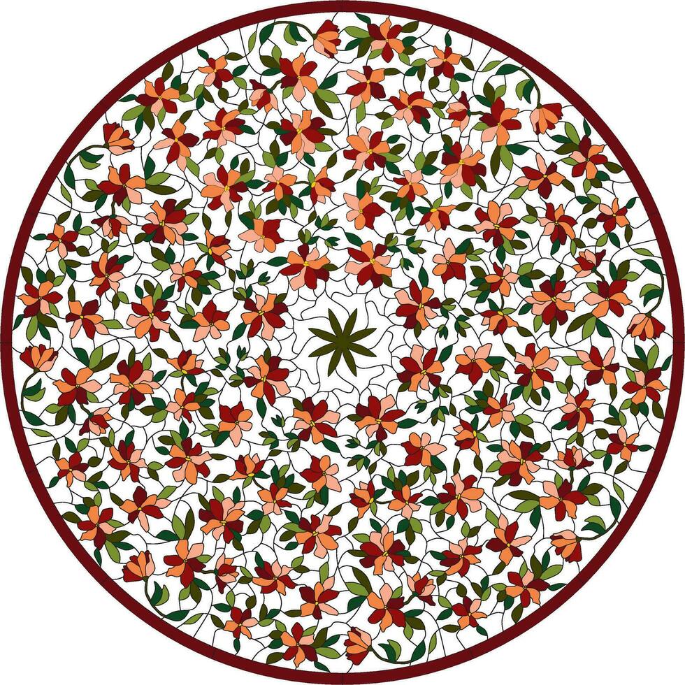 Vector illustration for a stained glass window with a floral motif. Pattern for a stained-glass window from a contour and fragments for a round ceiling or window.