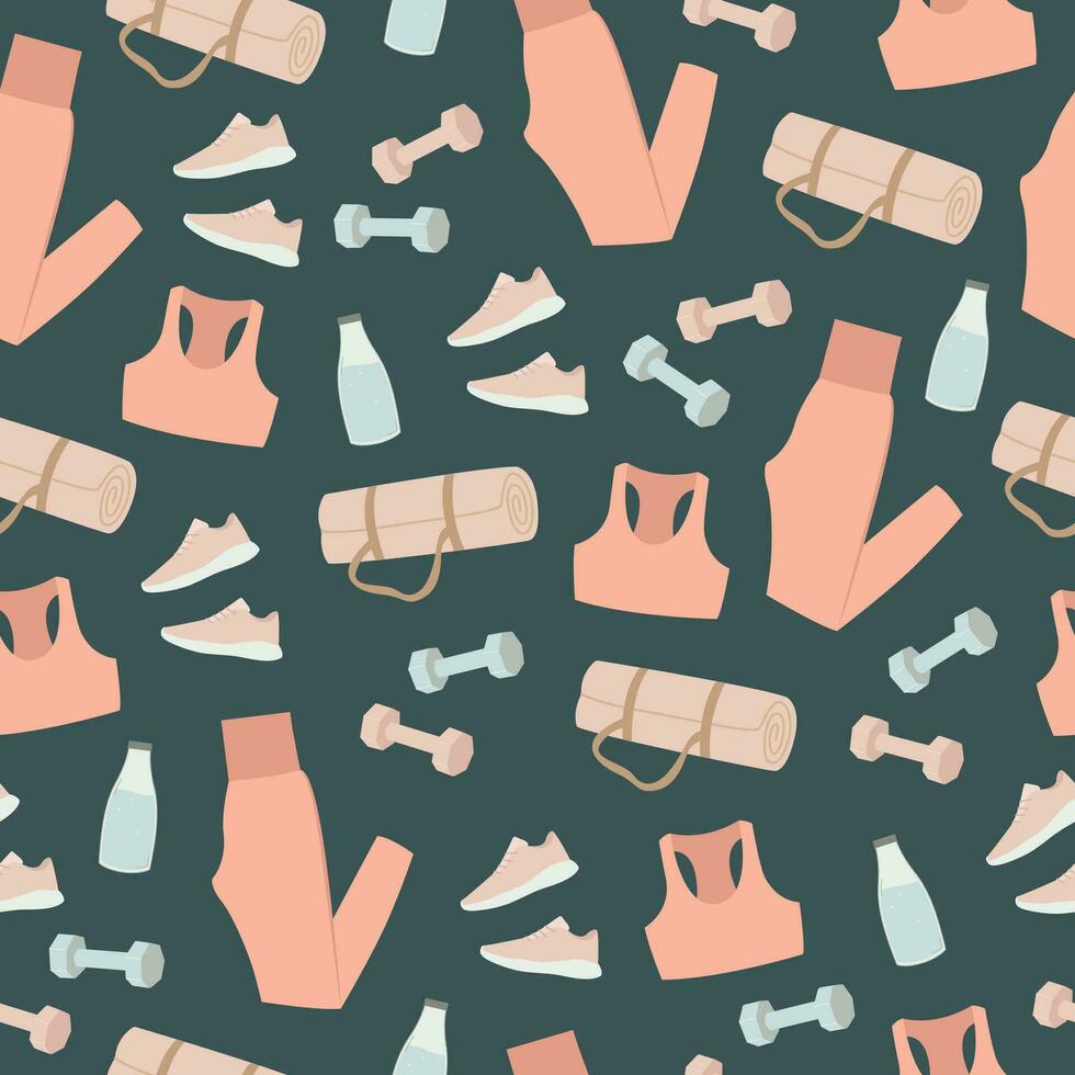 Fitness equipment seamless pattern. Sneakers, top and leggins, dumbbells and mat. Pastel colored elements on blue background. vector