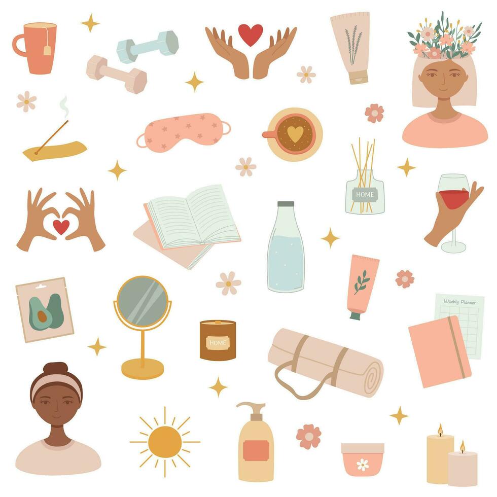 Self care elements set. Healthy habits for wellbeing. Body positive, mental health, self care, love yourself concept vector