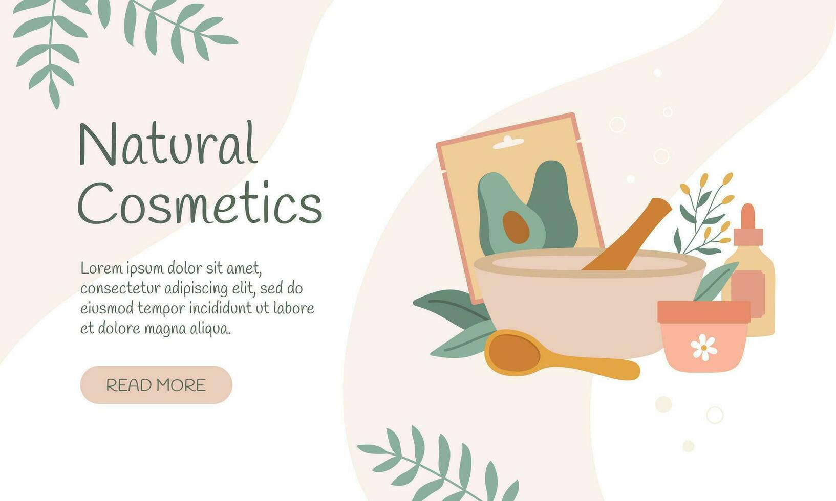 Natural cosmetic products landing page. Face cream, sheet mask, pounder and leaves. Hand made cosmetics vector