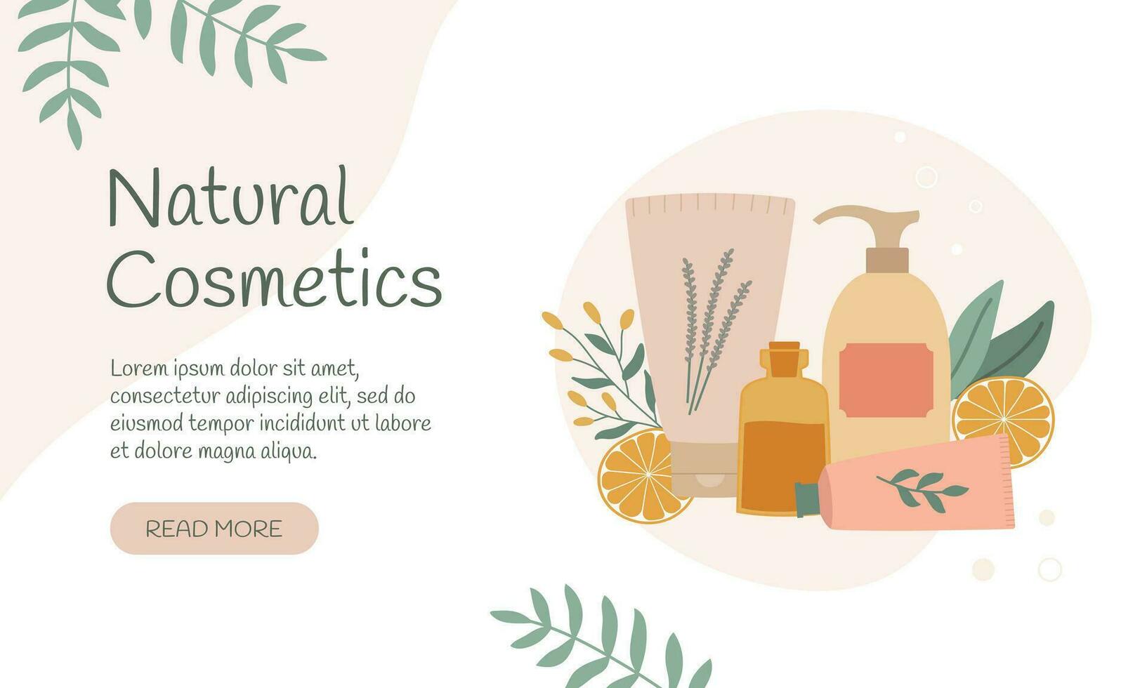 natural cosmético productos aterrizaje página. cara crema, tubos, botellas y hojas. vector