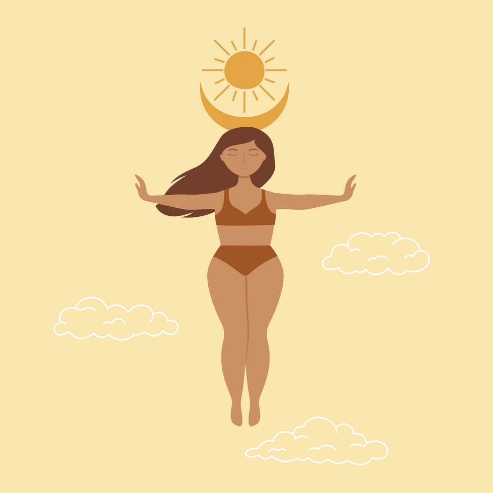 joven mujer con cerrado ojos volador en el aire. mental salud, zen, armonía conceptos vector