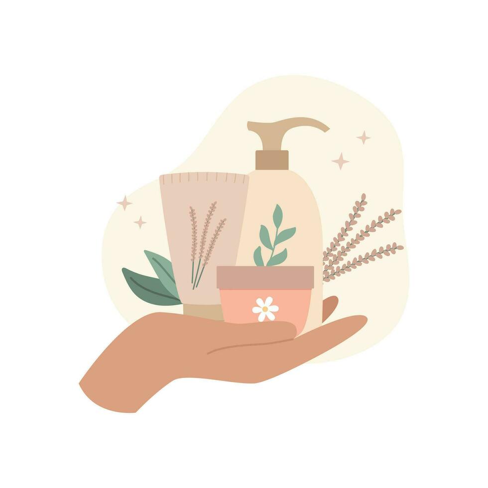 Woman hand holds natural organic cosmetic products. Cream jar, tube, bottle and leaves vector