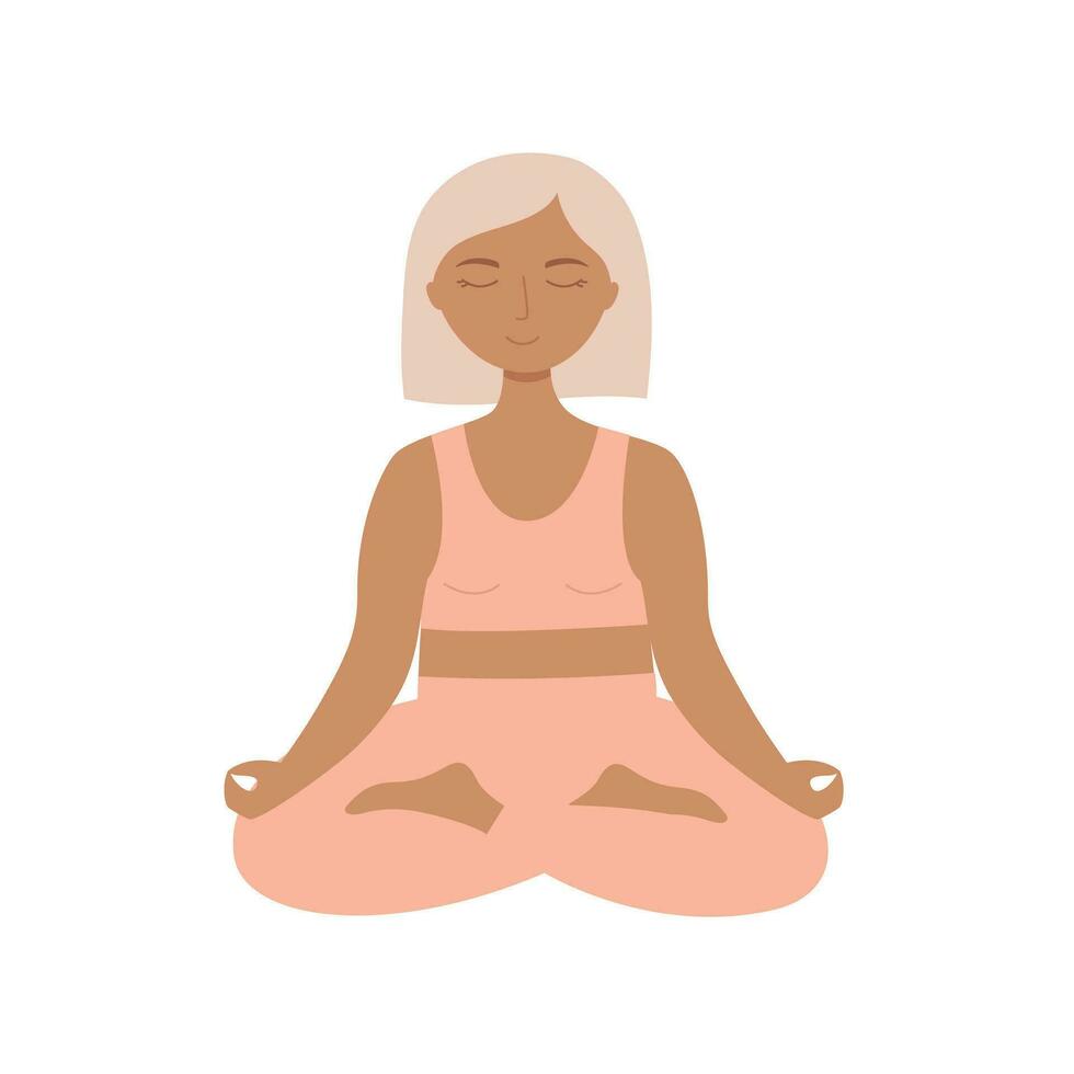 joven mujer se sienta con las piernas cruzadas y medita niña hace Mañana yoga o respiración ejercicios. vector