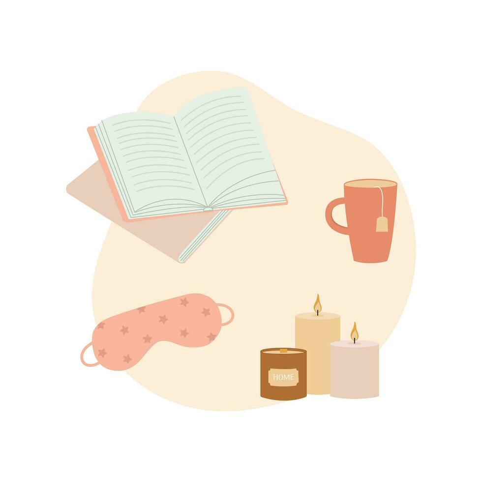 yo cuidado elementos colocar. libros, dormido mascarilla, taza de té y velas vector ilustración