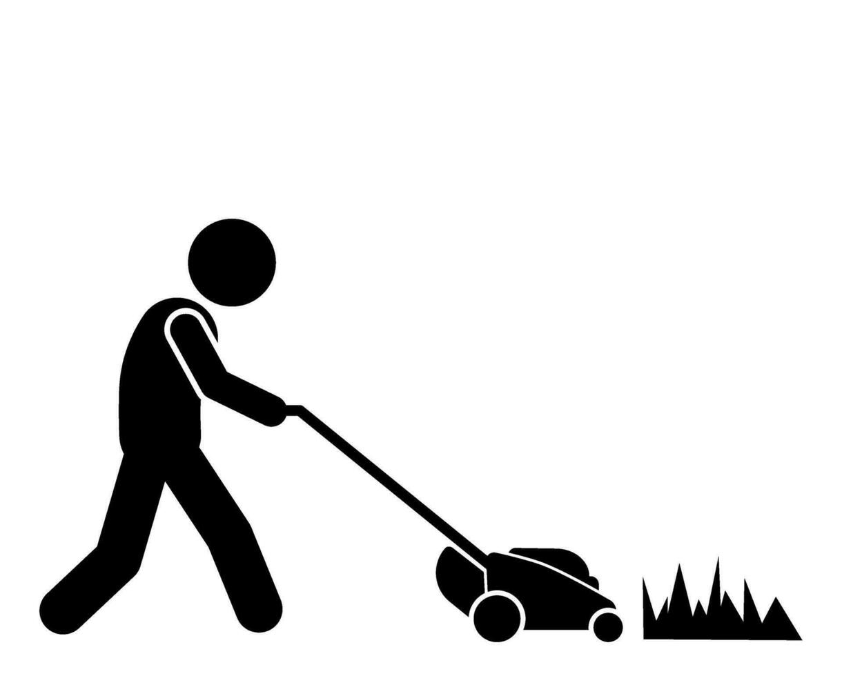 illustration and icon stick figure,stickman,pictogram lawn mowing, lawn mover. mowing the grass vector