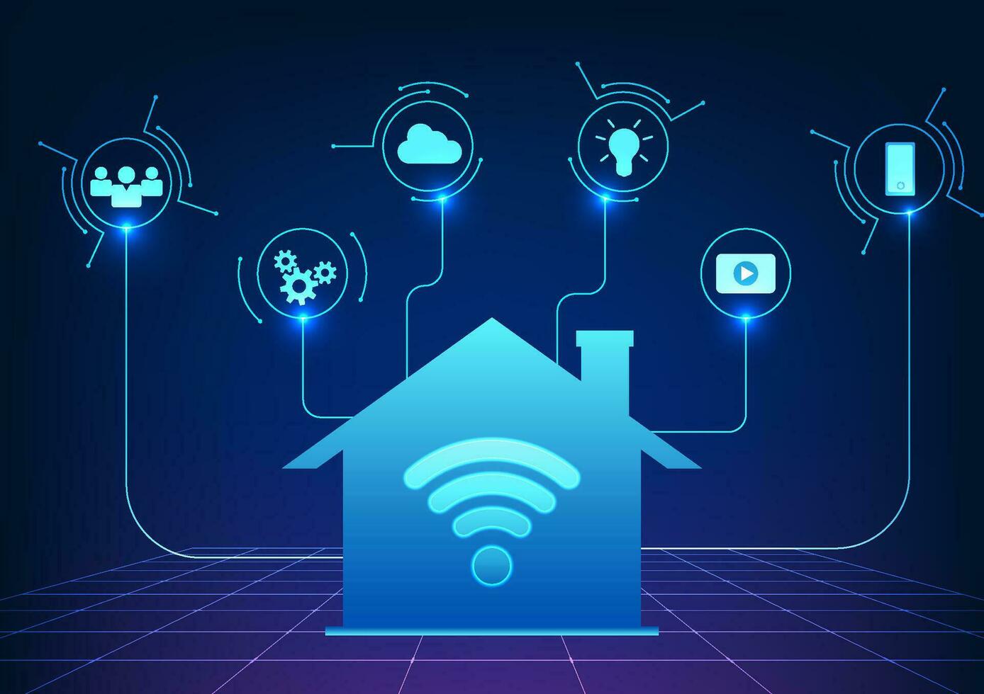 Wifi tecnología usos un Wifi señal a distribuir el señal a dispositivos ese utilizar comunicación, entretenimiento, y negocio golpear por Wifi icono en el casa conectado con el tecnología icono vector