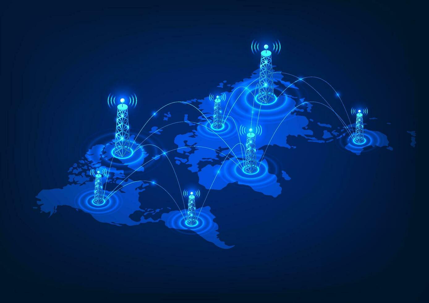 transmisión torre tecnología célula torres en un mundo mapa con conexión líneas. se refiere a el tecnología de transmitiendo señales ese Vamos a el mundo a comunicar con cada otro alrededor el mundo. vector