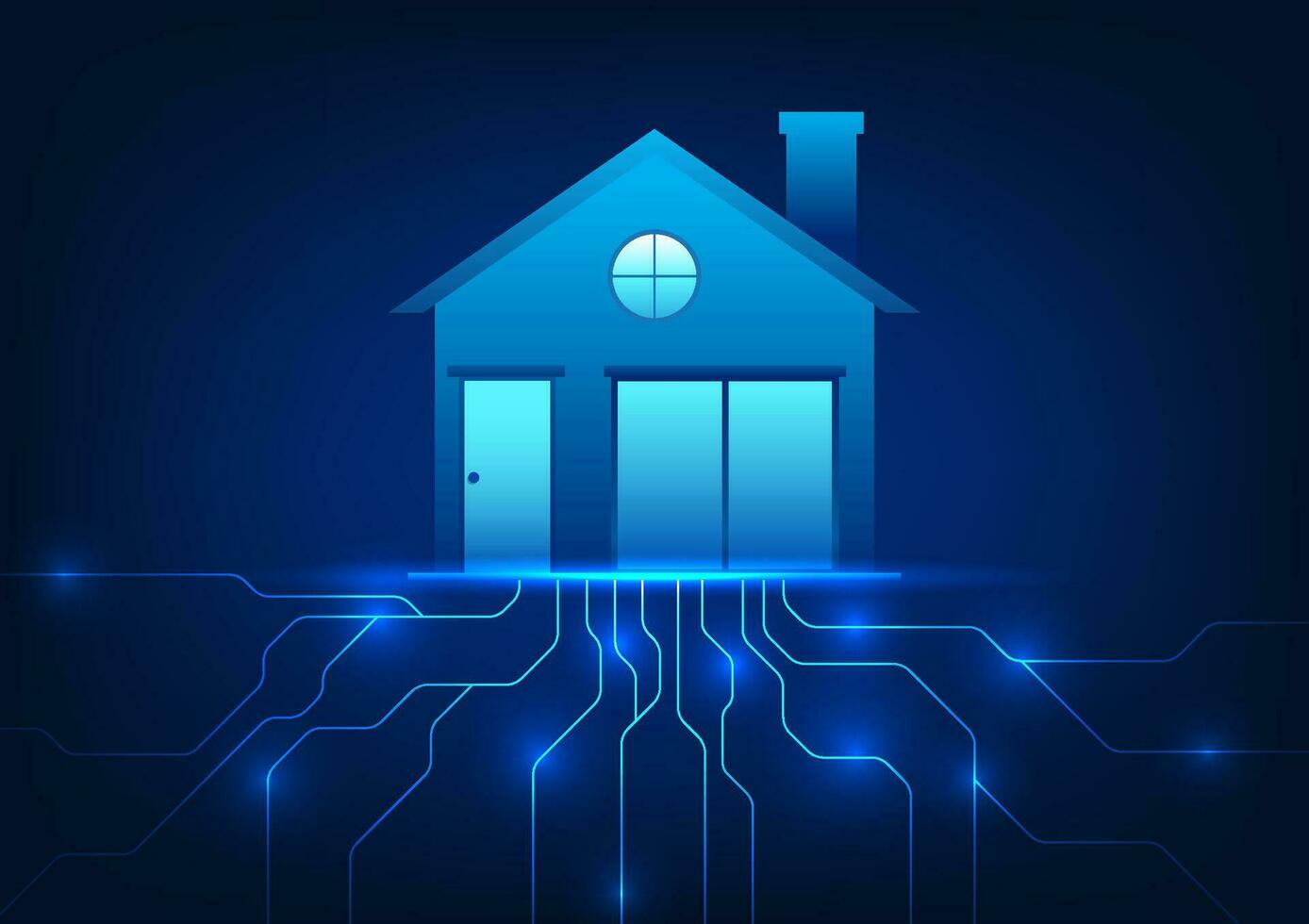 Smart home technology that uses Internet of Things signals to connect with home technology devices to work on command. Vector illustration of a house with a circuit board connected below.