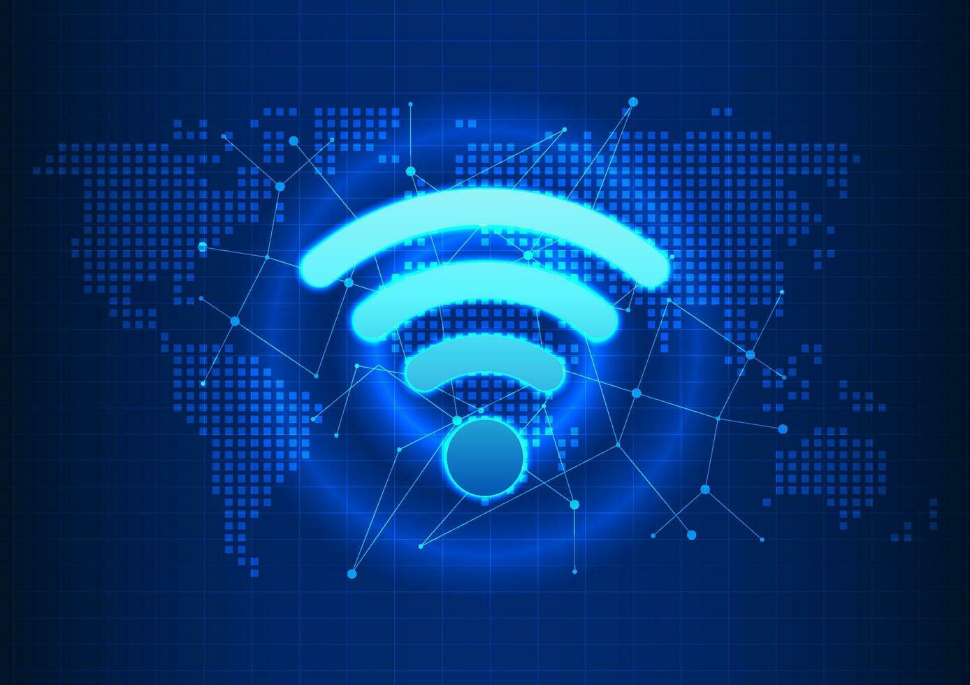 Wifi tecnología, Wifi es un tecnología ese transmite inalámbrico Internet señales a electrónico dispositivos a acceso el Internet norte. el Wifi icono es en el tierra mapa con conexión líneas. vector