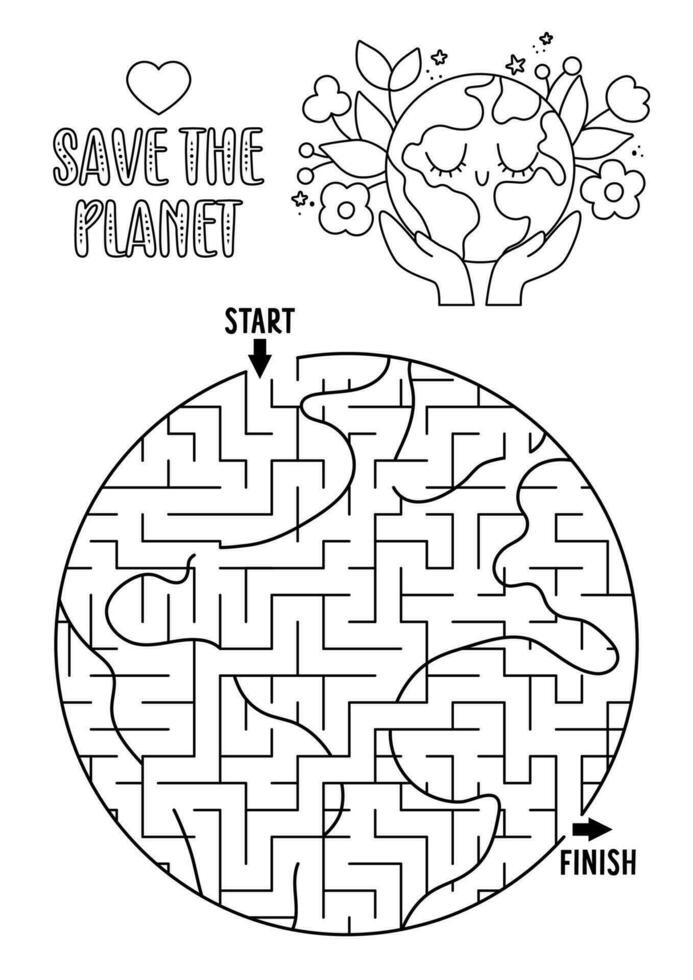 Ecological black and white geometric maze for children shaped as a planet. Earth day preschool activity. Eco awareness labyrinth game, puzzle. Nature or world protection printable coloring page vector