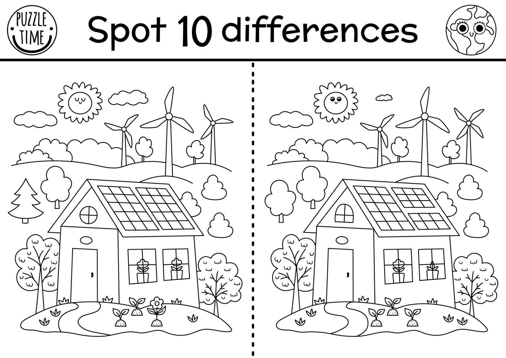 Find differences game. Ecological black and white educational activity ...