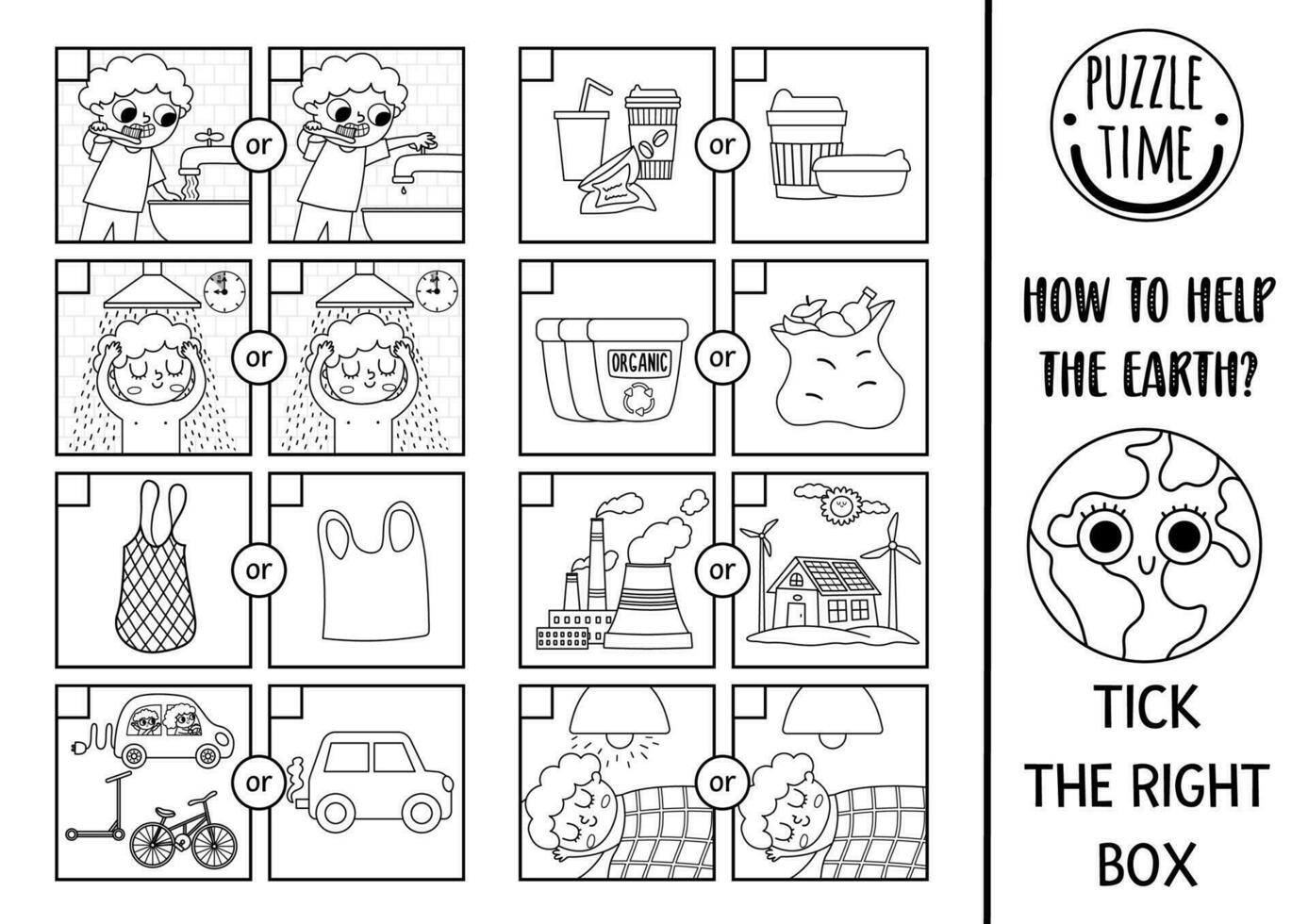 Ecological black and white matching activity with alternative resources, transport, waste sorting concept. Earth day puzzle. Printable worksheet. Eco awareness coloring page for kids vector
