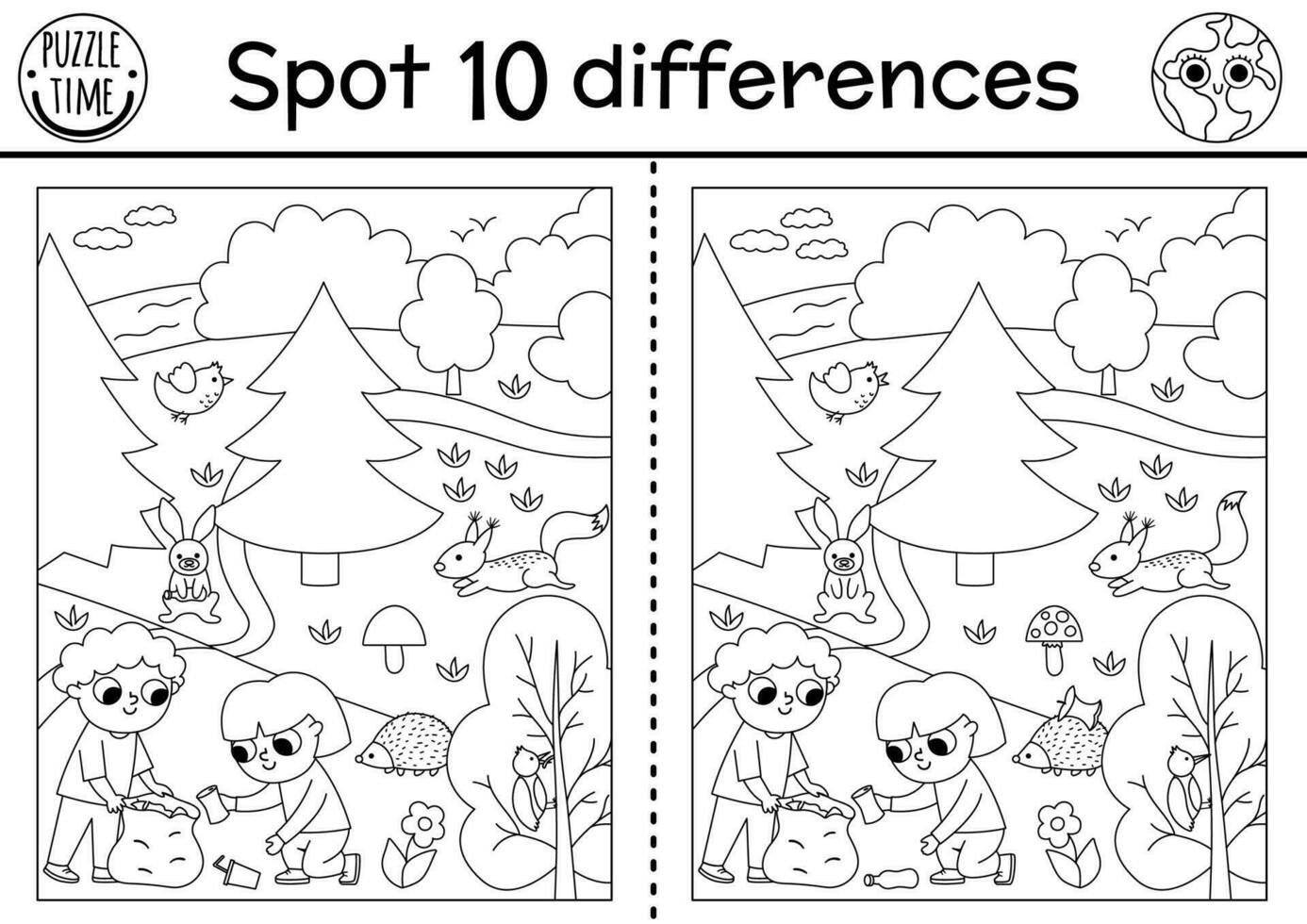 encontrar diferencias juego. ecológico negro y blanco educativo actividad con linda chico y niña coleccionar residuos en el bosque. tierra día línea rompecabezas. eco conciencia, cero residuos imprimible colorante página vector