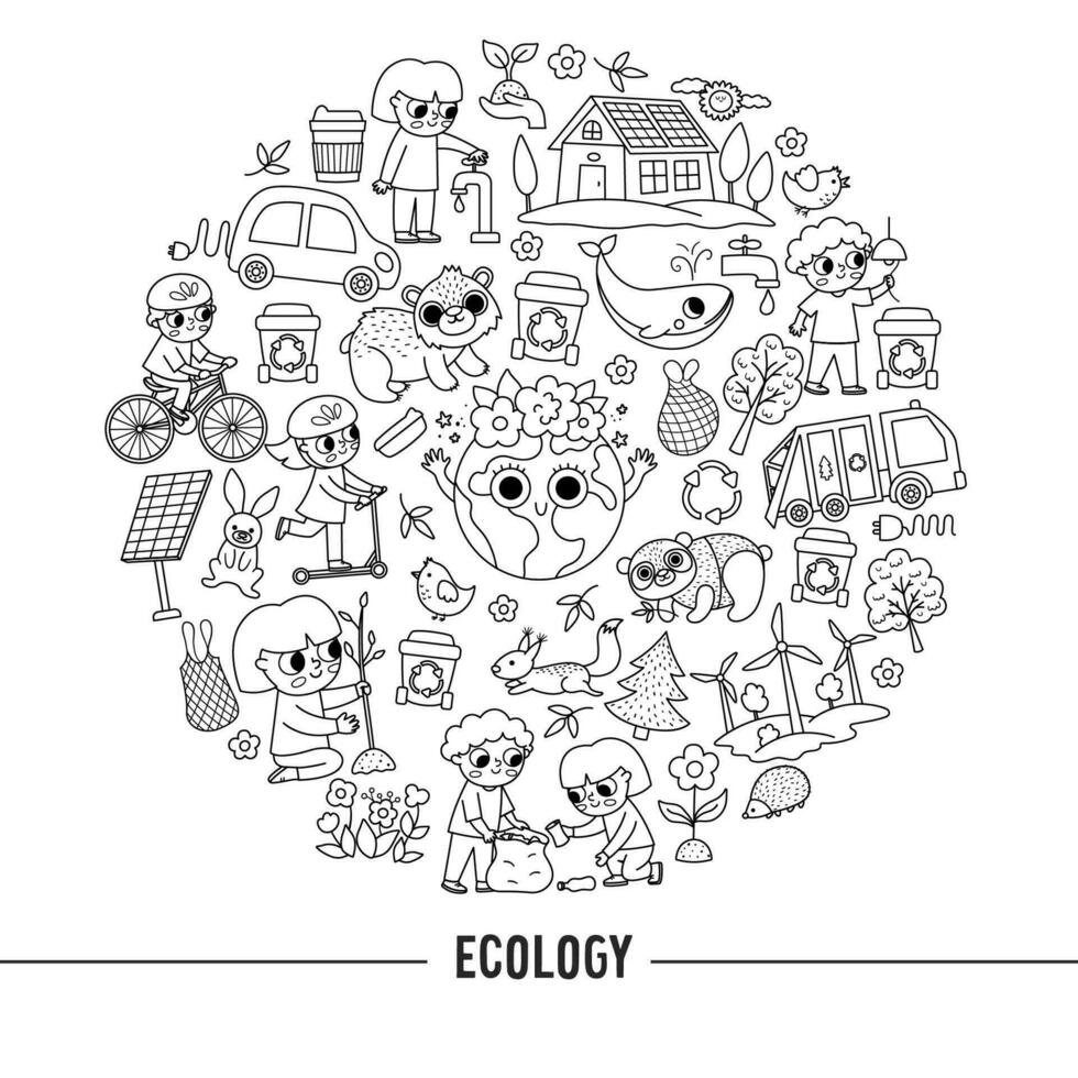 Vector black and white ecological round frame with cute children caring of nature. Earth day card template for banners, invitations. Cute environment friendly coloring page
