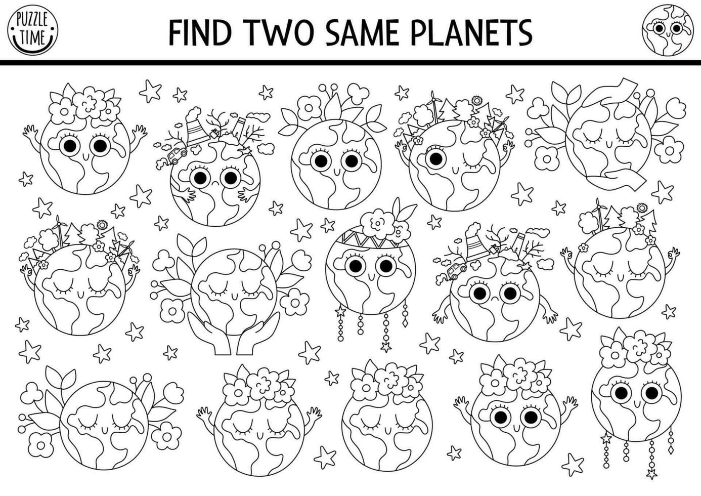 Find two same planets. Ecological black and white matching activity for children. Eco awareness educational quiz worksheet for kids for attention skills. Earth day printable coloring page vector