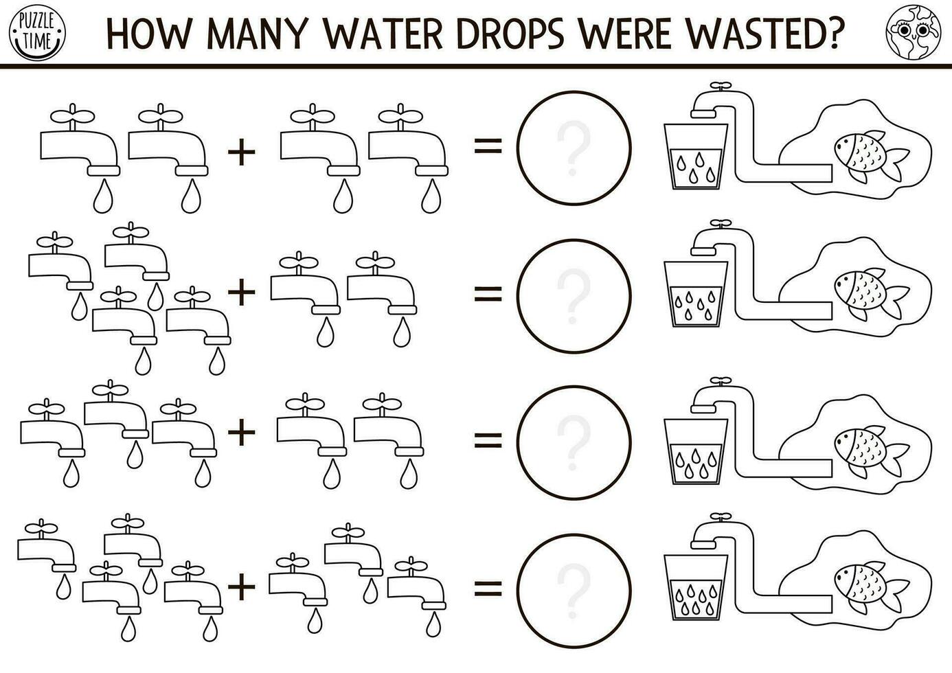 How many drops black and white game with taps. Ecological math addition activity for preschool children. Simple eco earth day printable counting coloring page for kids vector