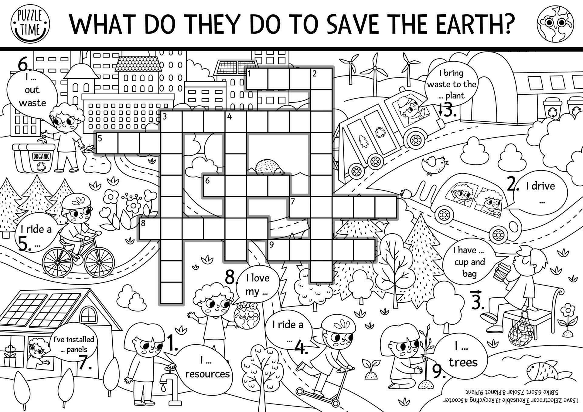 Vector ecological crossword puzzle for kids Black and white Earth day